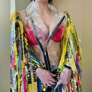 Birds Of Prey HARLEY QUINN Caution Tape Jacket Clear PVC Confetti Rave Costume
